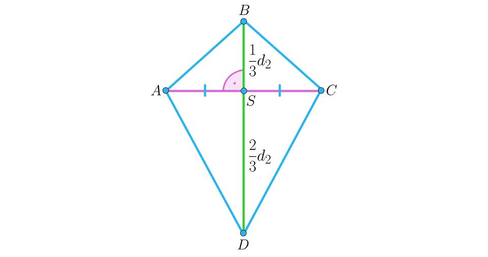 Na ilustracji przedstawiono deltoid A B C D. Zaznaczono przekątne AC i BD. Przekątna BD jest dwusieczną kątów leżących przy wierzchołkach, które ona łączy. Przekątna AC przecina przekątną BD w punkcie S i pod kątem prostym. Punkt S dzieli przekątną AC na dwie równe części, natomiast przekątną BD w stosunku jeden do trzech.