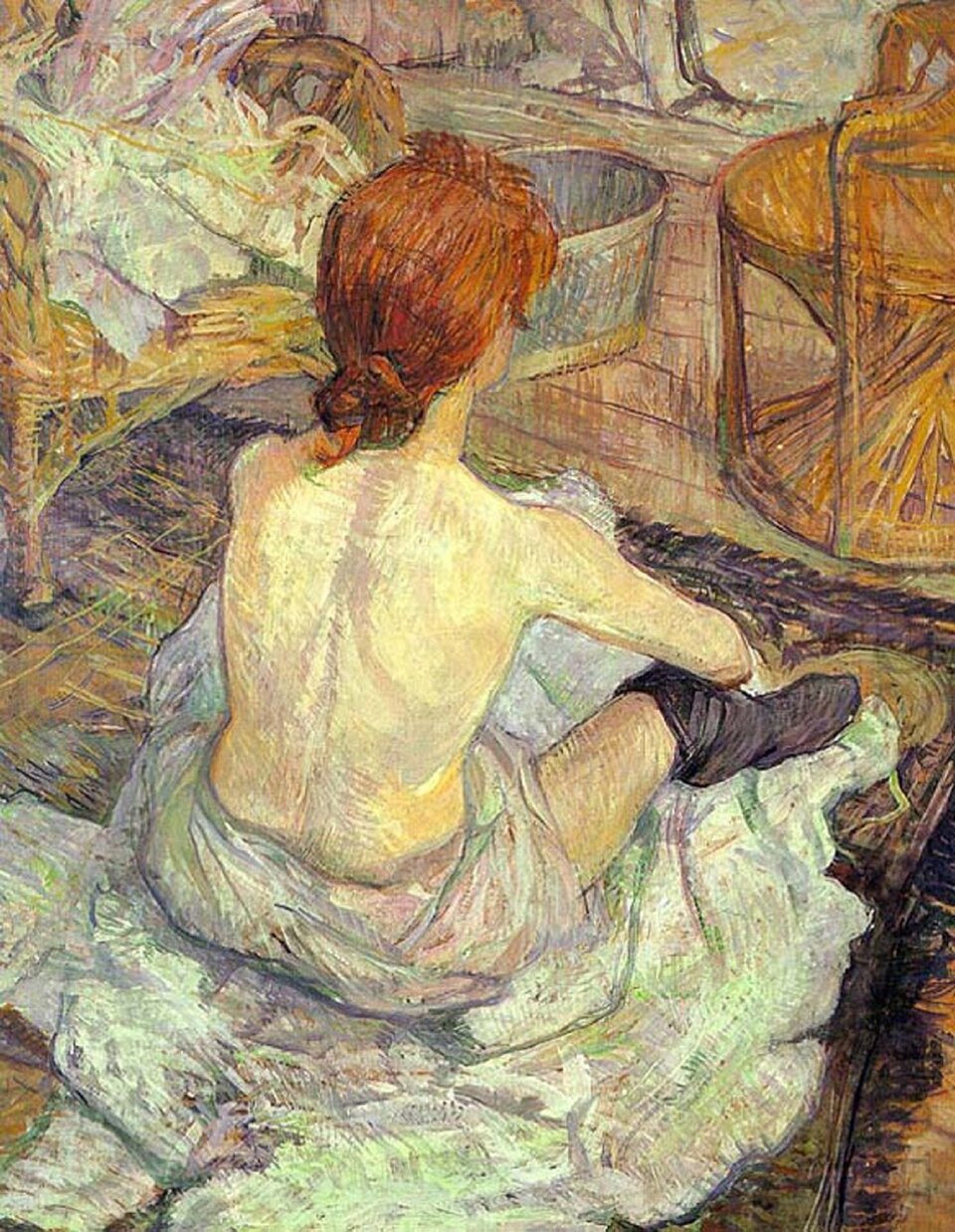 Ilustracja przedstawia obraz „Toaleta” autorstwa Henri de Toulouse‑Lautrec. Obraz ukazuje kobietę nagą od pasa w górę. Kobieta ma rude włosy, siedzi na białym płótnie, tyłem do widza. W tle widać drewniane krzesła oraz wannę z wodą.