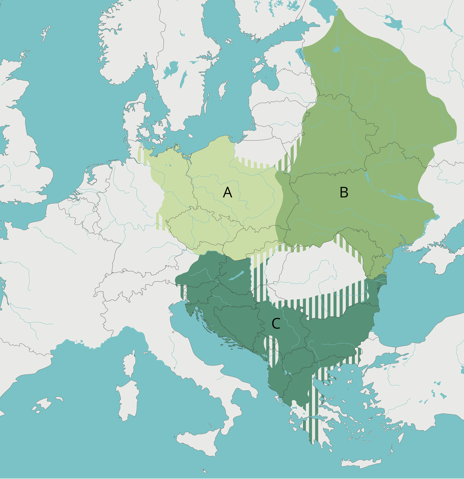 Mapa Europy przedstawia plemiona słowiańskie od siódmego do dziewiątego wieku. Jedna z grup oznaczona literą A zamieszkiwała dzisiejsze wschodnie Niemcy, Czechy, Słowację, północne Węgry oraz Polskę z wyjątkiem Prus. Grupa oznaczona literą B zamieszkiwała centralną i zachodnią Ukrainę, Mołdawię, Białoruś i zachodnią Rosję. Grupa oznaczona literą C zamieszkiwała Bułgarię, zachodnie Węgry, Austrię, Słowenię, Chorwację, Bośnię i Hercegowinę, Serbię, Macedonię Północną, Południową Albanię oraz północną Grecję, częściowo zamieszkiwali północną Albanię, Kosowo południową Rumunię oraz południową Grecję.