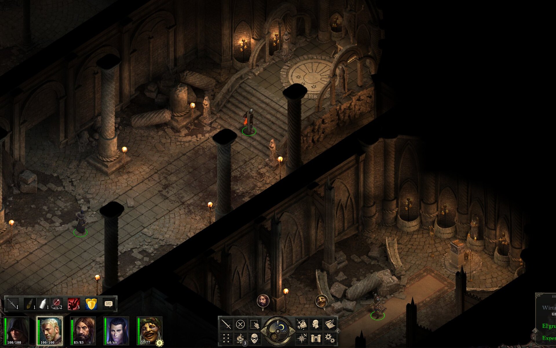 Zrzut ekranu z gry Pilars of Eternity przedstawia w widoku izometrycznym postacie w zniszczonej starożytnej świątyni. Na pierwszym planie znajdują się ikonki gry. 