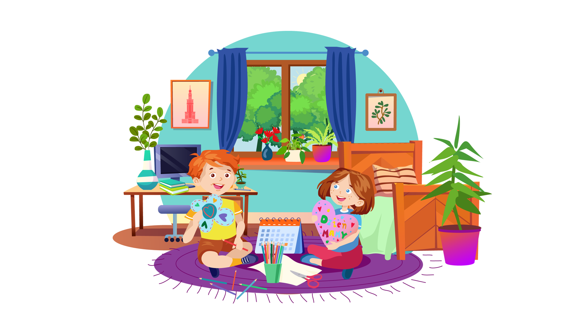 Ilustracja przedstawia pokój Franka i Mai. W tle znajduje się turkusowa ściana z oknem, za którym widać wysokie drzewa liściaste oraz błękitne niebo ze słońcem. Na jednym z drzew siedzi gil. Jest to szary ptak o ciemnopomarańczowym brzuszku. Nad oknem wisi niebieski karnisz z ciemnoniebieskimi zasłonami. Na brązowym parapecie stoją czerwone kwiaty w granatowym wazonie, zielona roślina w beżowej donicy i zielona roślina w fioletowej donicy. Na lewo od okna, na ścianie, wisi obrazek w brązowej ramce, przedstawiający czerwony budynek Pałacu Kultury i Nauki w Warszawie. Poniżej, na brązowej podłodze, stoi jasnobrązowe biurko. Na biurku znajdują się: trzy gałązki z zielonymi listkami w wazonie w biało‑turkusowe pasy, dwie książki ułożone jedna na drugiej, monitor i niewielka zielona roślina w turkusowej donicy. Przy biurku stoi szaroniebieskie krzesło obrotowe bez oparcia. Po prawej stronie pomieszczenia stoi brązowe łóżko nakryte jasnozieloną narzutą. Na łóżku leży brązowa poduszka w poziome ciemnobrązowe paski. Nad meblem, na ścianie, wisi obrazek w brązowej ramce, przedstawiający brązową gałązkę z licznymi zielonymi listkami. Przy łóżku, na podłodze, stoi duża zielona roślina w fioletowej donicy. Na środku pomieszczenia leży okrągły fioletowy dywan. Znajdują się na nim różne przedmioty: rozrzucone kolorowe kredki, czerwono‑niebieski kalendarz biurkowy, pusta kartka, kolorowe kredki w zielonym kubki oraz czerwone nożyczki. Po lewej stronie siedzi Franek. Jest ubrany w żółtą koszulkę z krótkimi pomarańczowymi rękawami, krótkie brązowe spodnie, pomarańczowe skarpety i granatowe buty z białymi sznurówkami. W lewej ręce trzyma czerwoną kredkę, a w prawej jasnoniebieski kwiat wycięty z papieru. Jest on ozdobiony kolorowymi serduszkami. Po prawej stronie siedzi Maja. Jest ubrana w niebieską koszulkę z krótkimi błękitnymi rękawami, długie ciemnoróżowe spodnie i ciemnoniebieskie buty. W rękach trzyma duże różowe serce wycięte z papieru. Widać na nim mniejsze kolorowe serduszka i kolorowy napis: „Dzień Mamy”. Franek i Maja szeroko się uśmiechają.