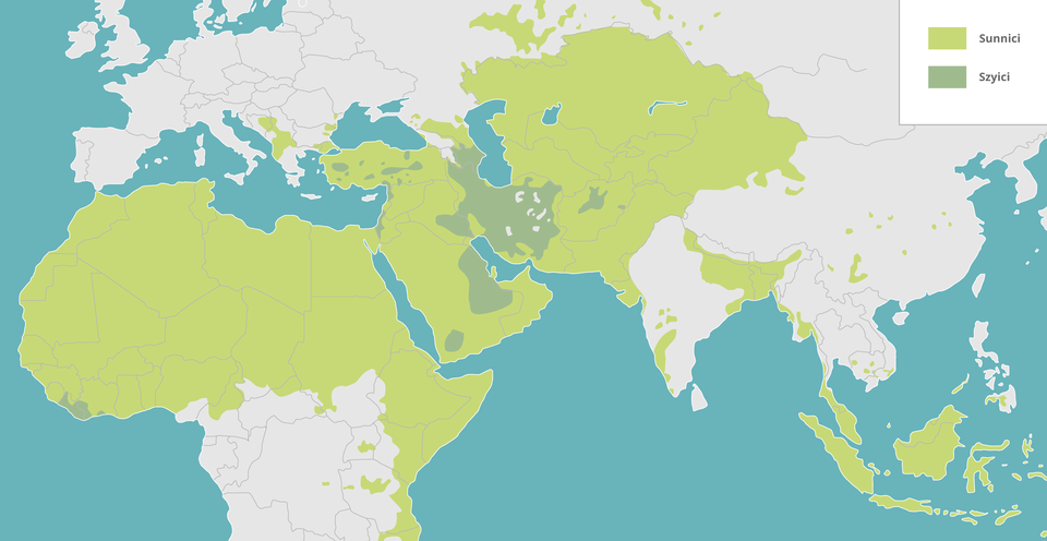 Aktualna mapa Europy, Azji oraz Afryki przedstawia obszary, na których żyją Sunnici oraz Szyici. Ci pierwsi zajmują całą północną Afrykę, większość Półwyspu Arabskiego, Bliski Wschód, północna Grecja, środkowa i południowa Azja, niektóre tereny Indii oraz Nowa Zelandia. Ci drudzy zajmują środkową część Półwyspu Arabskiego, fragmenty Turcji i Bliskiego Wschodu oraz tereny między Morzem Kaspijskim a zatoką Perską.
