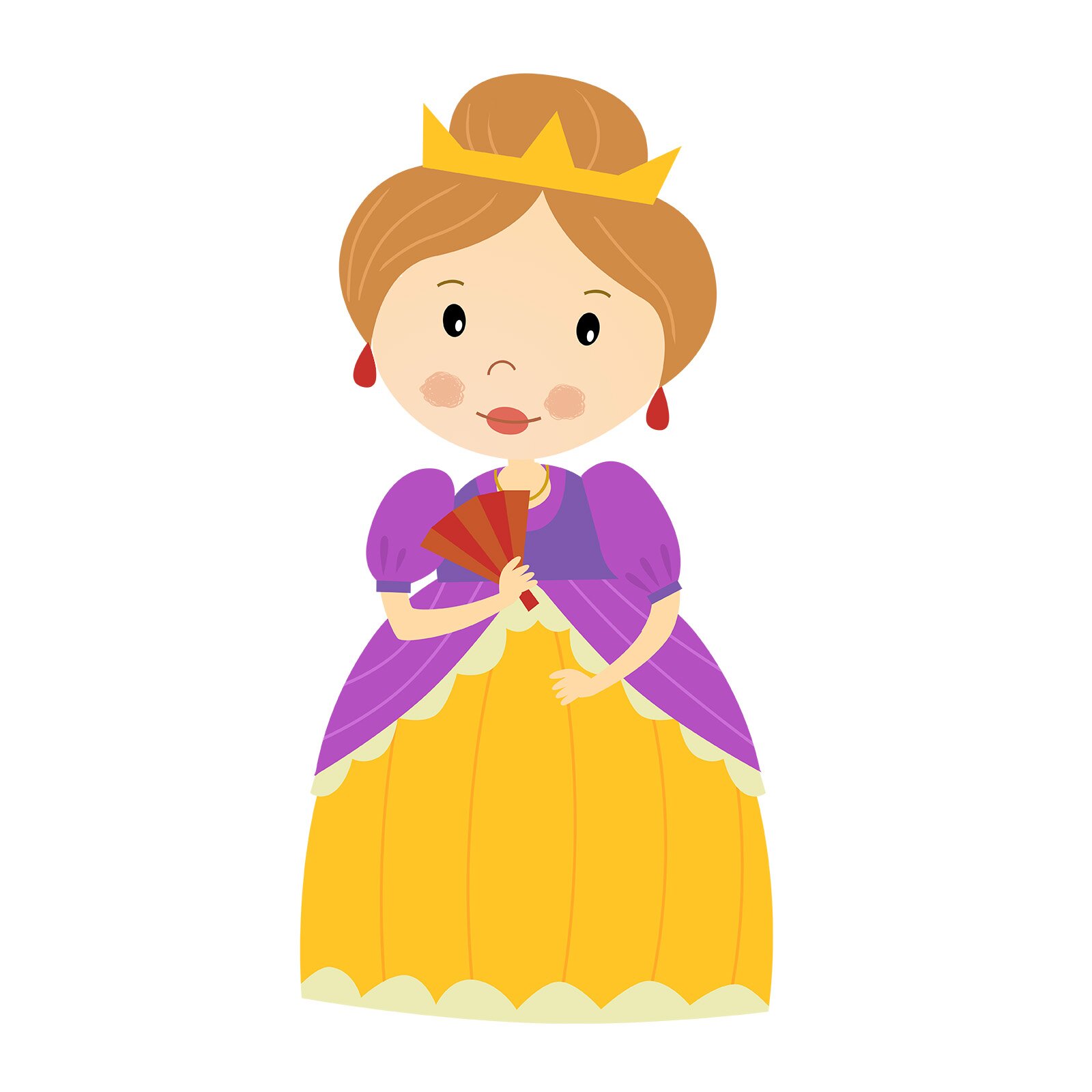 Ilustracja przedstawia królową w koronie i w eleganckiej sukni. Wachluje się wachlarzem. 