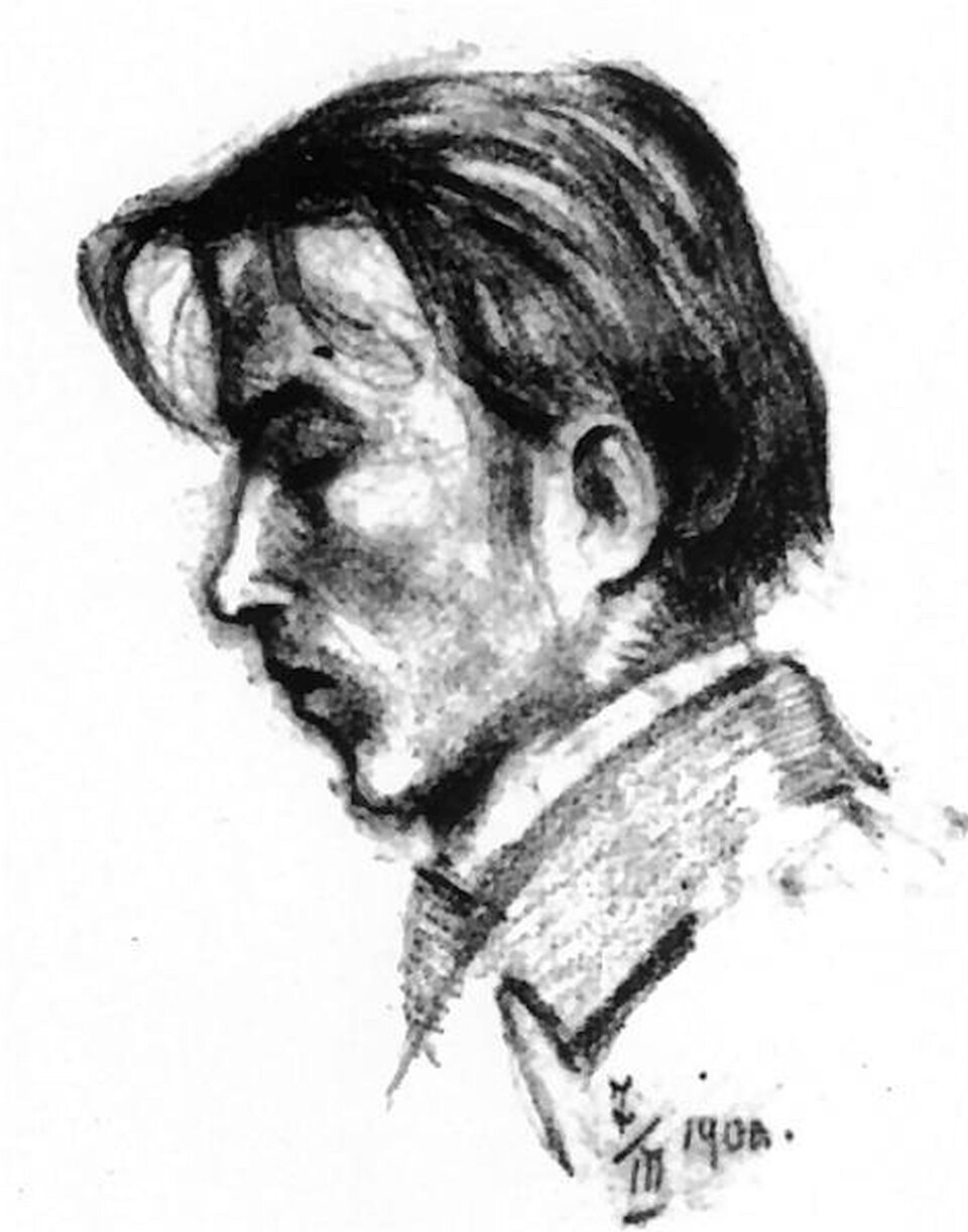 Ilustracja przedstawia autoportret Witolda Wojtkiewicza. Ukazuje czarno‑biały autoportret mężczyzny, ujętego z profilu. Ma na sobie marynarkę i zawiązany pod szyja krawat. Na czoło opadają mu kosmki włosów. Pod wizerunkiem znajduje się sygnatura artysty.