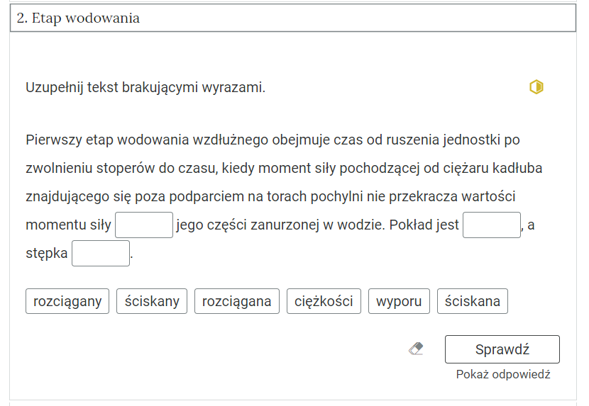 Zdjęcie przedstawia otwartą zakładkę z przykładowym zadaniem. Pod nazwą zakładki znajduje się polecenie. Pod poleceniem widać treść zadania z odpowiedziami do wyboru. Po prawej stronie polecenia widać żółty sześciokąt. Poniżej zadania, po prawej stronie panelu znajduje się ikona sprawdź. Po jej lewej stronie widać symbol gumki. Poniżej przycisku sprawdź znajduje się napis pokaż odpowiedź.