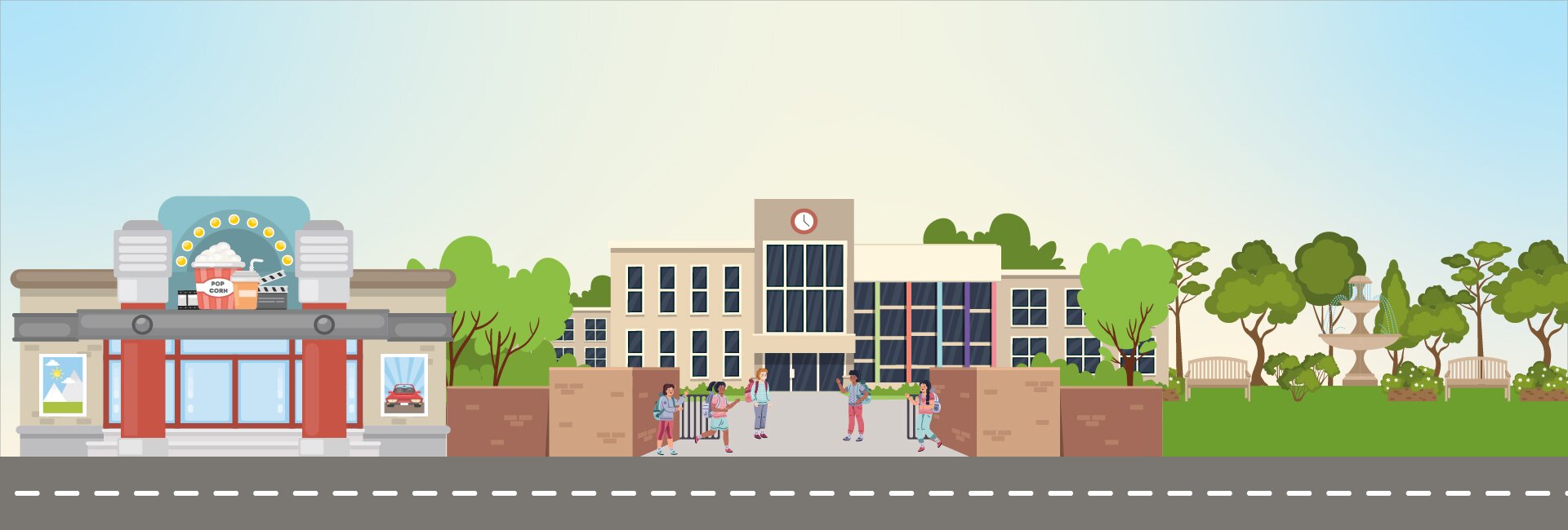 Ilustracja przedstawia długą drogę, przy której znajduje się budynek szkolny z bramą wejściową. W bramie wejściowej stoją dzieci. Obok budynku szkolnego znajduje się budynek kina. Z prawej strony ilustracji znajduje się park z fontanną i ławeczkami. Kino oraz park, nie graniczą ze sobą.