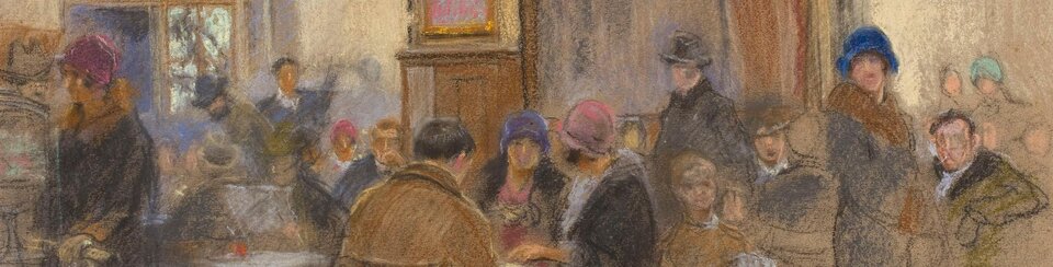 Na obrazie namalowanym pastelami przedstawiono wnętrze kawiarni. W pomieszczeniu znajdują się stoliki, przy których siedzą osoby. Część z nich rozmawia, inne są zajęte czytaniem lub patrzą przed siebie. W tle znajduje się bar lub lada, za którą stoją osoby obsługujące. Ściany kawiarni ozdobione są obrazami lub plakatami. Przez okna wpada światło dzienne. Ubrania postaci sugerują modę miejską z pierwszej połowy XX wieku – płaszcze, kapelusze, marynarki.