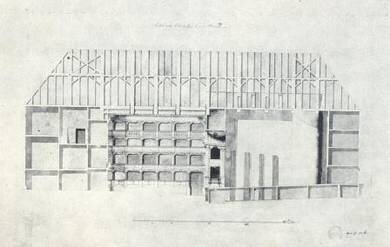 Na szkicu widzimy przekrój dużego budynku. Zaznaczone są piętra i pomieszczenia.