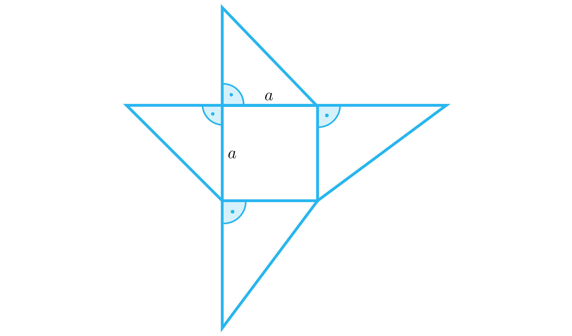 Ilustracja przedstawia siatkę ostrosłupa, którego podstawą jest kwadrat. Siatka składa się z kwadratu o długości boku a, oraz 4 trójkątów prostokątnych. Każdy trójkąt przylega jedną ze swoich przyprostokątnych do boku kwadratu.