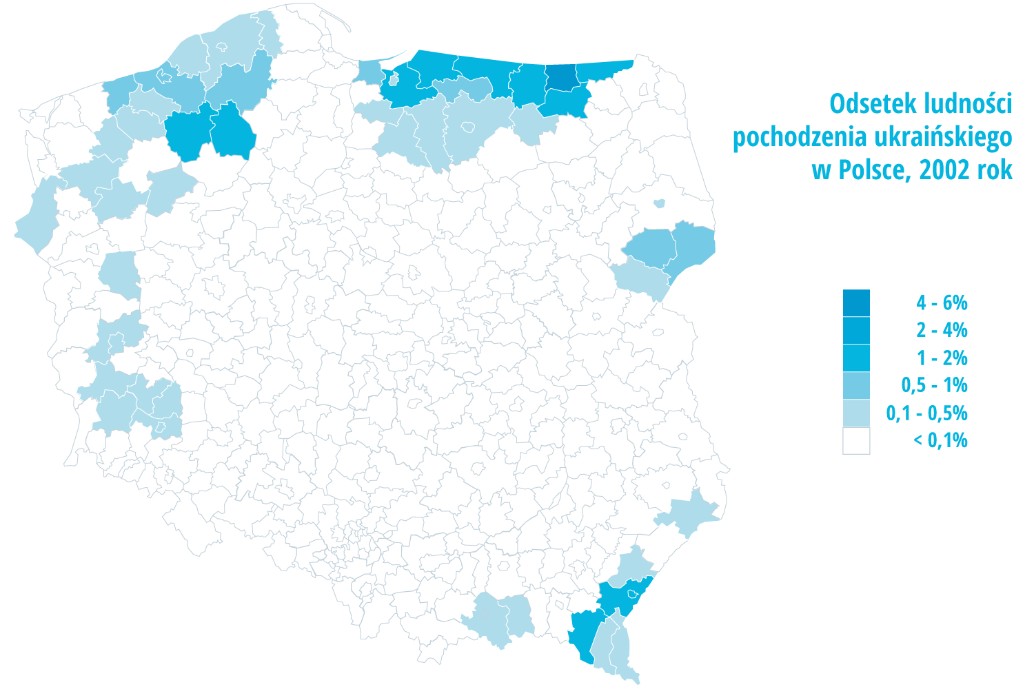 Mapa Polski przedstawia odsetek ludności pochodzenia ukraińskiego w 2002 roku. Największy odsetek w wysokości od 2 do 6% znajduje się w północno‑wschodniej i południowo‑wschodniej części kraju oraz częściowo w północno‑zachodniej części. Odsetek powyżej 0,5% znajduje się w północno‑wschodniej, północno‑zachodniej, zachodniej, południowo‑wschodniej i wschodniej części kraju.