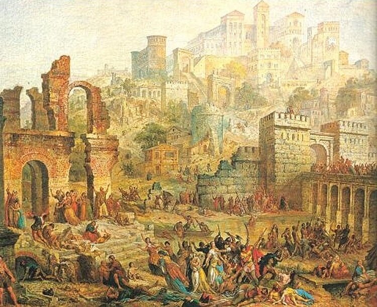 Ilustracja przedstawia ruiny zabudowań, w których leżą ludzkie ciała. Wokół zmarłych klęczą, siedzą lub stoją ludzie. W tle panorama miasta zbudowanego na wysokim wzniesieniu. 