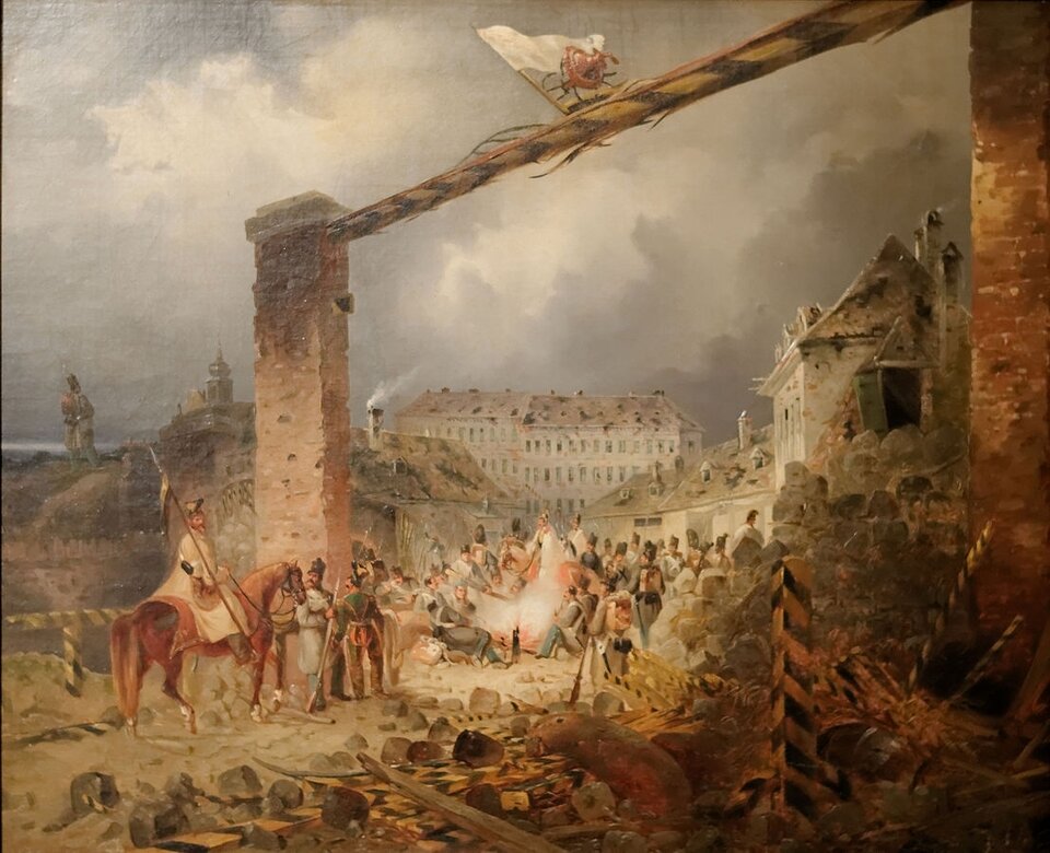 Na obrazie ruiny miasta. Wśród ruin odpoczywają żołnierze.