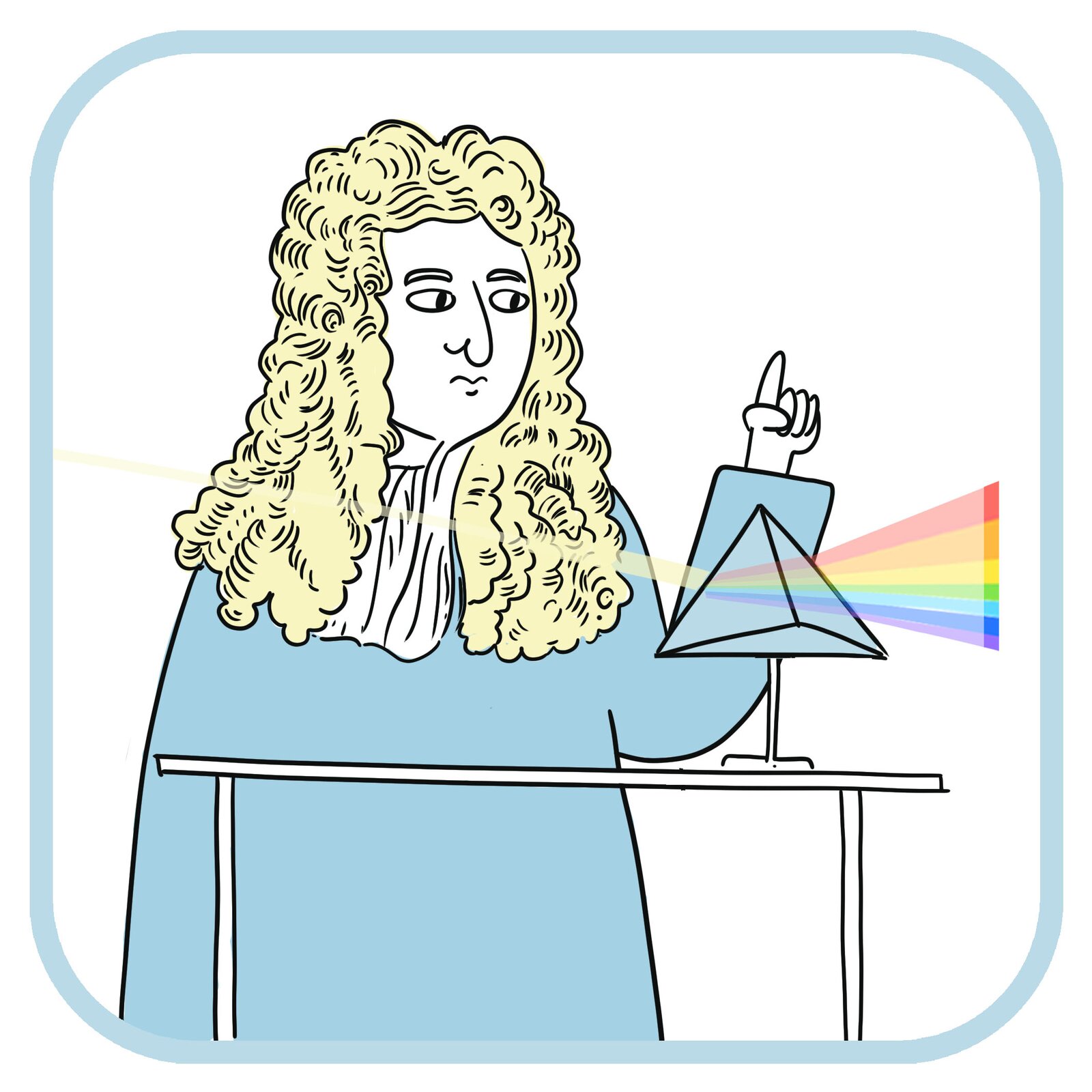 Isaac Newton (mężczyzna w jasnej peruce) wykonuje eksperyment z rozszczepieniem światła. Przed nim na stole stoi pryzmat. Z lewej strony pryzmatu widać wiązkę światła białego, które rozszczepia się w pryzmacie, zmienia kierunek i wychodzi z pryzmatu jako wielokolorowa, rozszerzająca się wiązka.
