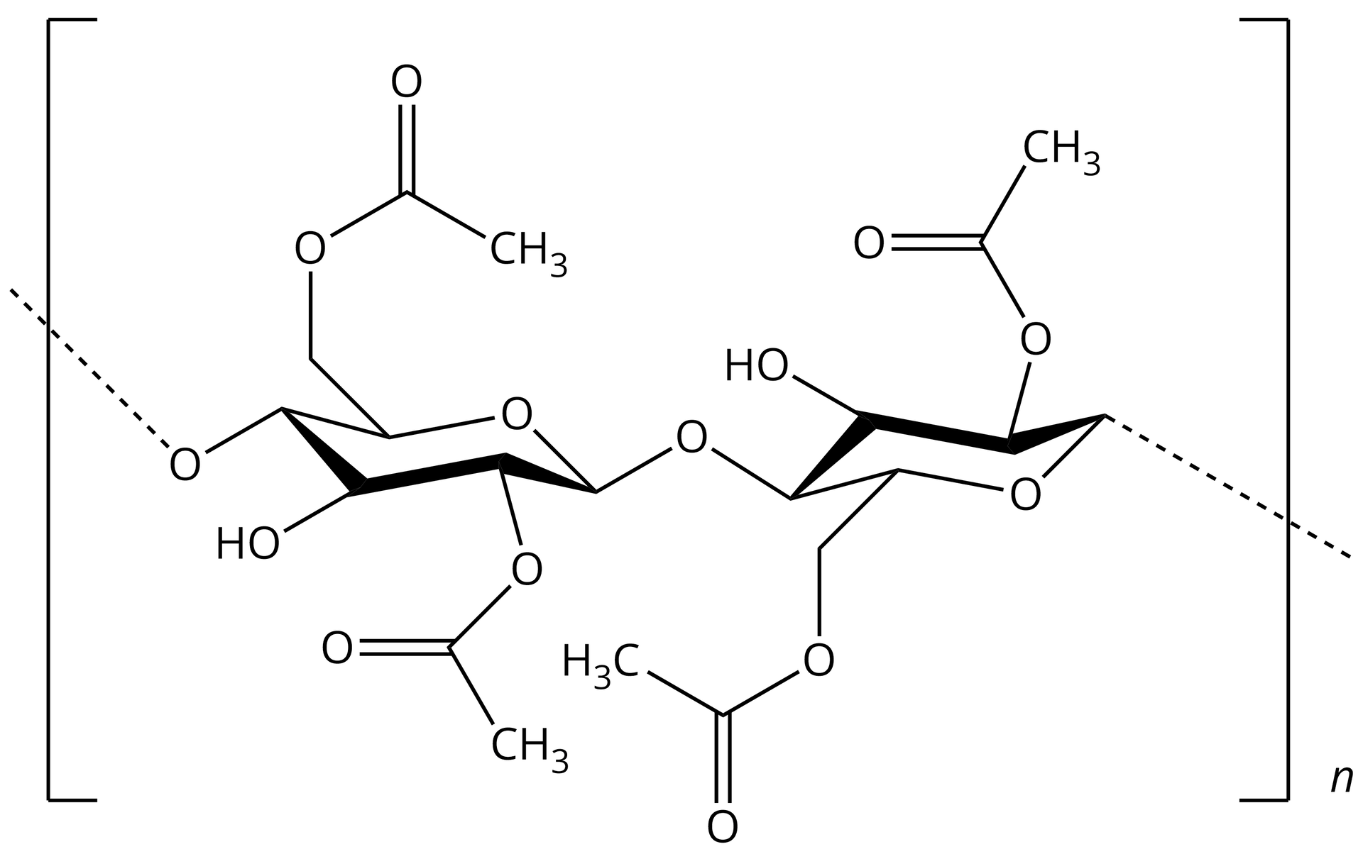 Na ilustracji wzór sumaryczny octanu celulozy:                                                                                 C                                               6                                                                                 H                                               7                                                                                 O                                               2                                                                                                                                                        O                   O                   C                   C                   H                                                     3                                                                                                    3                                                             n                .  Wzór strukturalny przedstawia dwa przestrzenne, sześcioczłonowe pierścienie. W jednym z wierzchołków pierścieni jest atom tlenu. Pierścienie łączą się atomem tlenu. Każdy pierścień łączy się między innymi z jedną grupą OH oraz z dwiema grupami metylowymi. Wzór znajduje się w nawiasie kwadratowym. Jest n razy wzięty. 