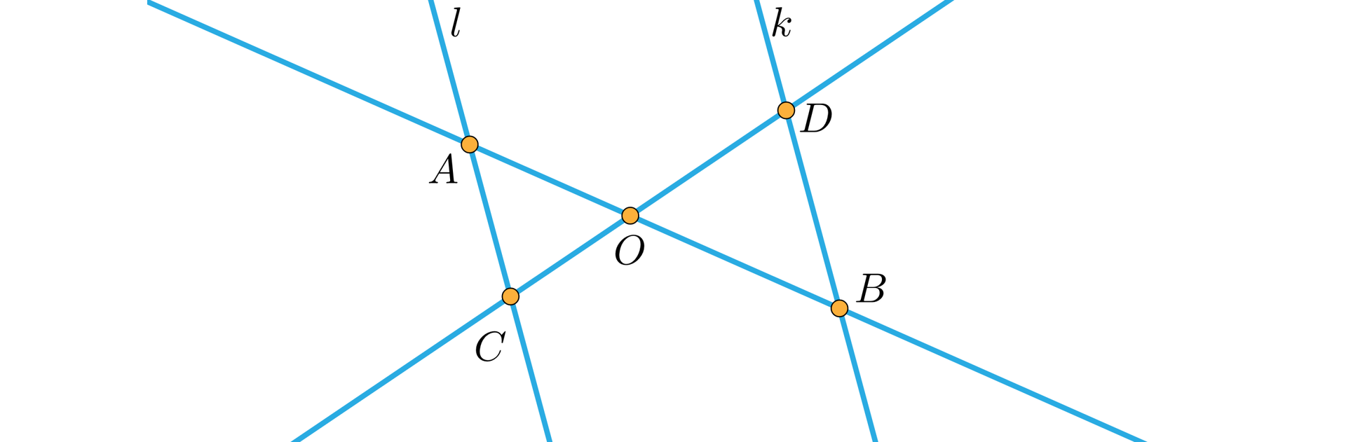 Ilustracja przedstawia dwie proste przechodzące przez punkt wspólny O. Na jednej prostej leżą , po przeciwnych stronach puntu środkowego O punkty C i D , a na drugiej punkty A i B w takim samym układzie. Przez przechodzą odpowiednio dwie proste l przez punkty A i C oraz k przez punkty D i B , równoległe do siebie. 