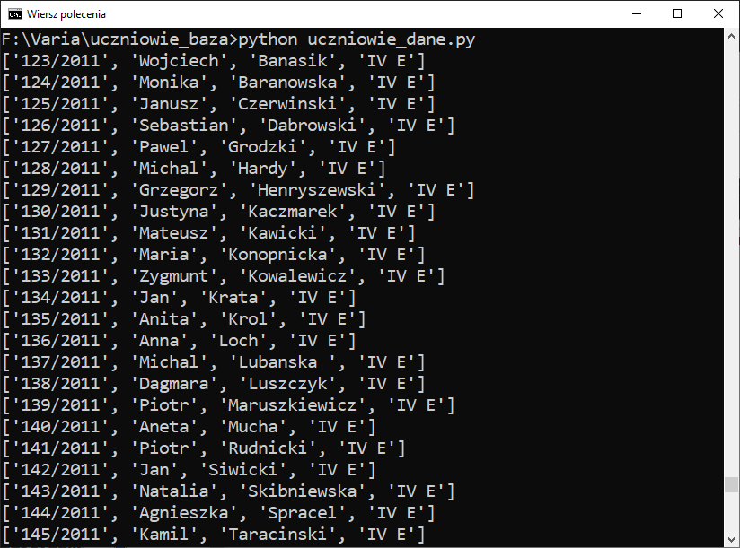 Ilustracja przedstawia wynik działania skryptu: uczniowie.dane.py uruchomionego w wierszu poleceń systemu Windows. W górnej części okna jest pole o nazwie: Wiersz polecenia. W wierszach są dane: identyfikator, imię, nazwisko, klasa. Pomiędzy kolejnymi danymi wstawiono przecinki. Każdy wiersz zaczyna się i kończy nawiasem kwadratowym. Wiersze są na czarnym tle.   