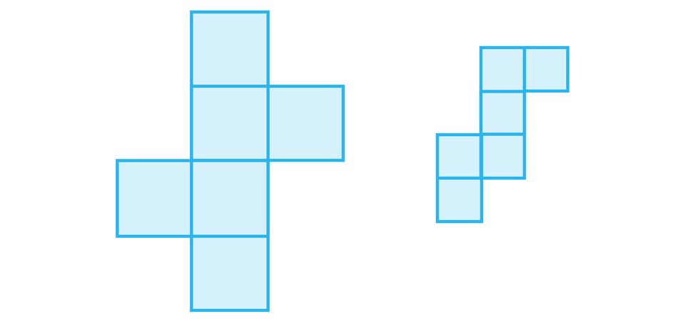 Ilustracja przedstawia dwie siatki sześcianu składające się z sześciu kwadratów. Pierwsza siatka ma następujące ułożenie: w kolumnie ułożono cztery kwadraty jeden na drugi. Do drugiego kwadratu od góry z prawej strony przylega kwadrat, natomiast do trzeciego kwadratu od góry z lewej strony przylega kwadrat. Druga siatka jest mniejsza od pierwszej. Ułożenie kwadratów w tej siatce jest następujące: dwa kwadraty połączono ze sobą tak, że leżą jeden na drugim, z prawej strony wyższego kwadratu znajduje się kolejny kwadrat, do tego kwadratu przylega kolejny kwadrat i do niego następny, tak, że w kolumnie znajdują się trzy kwadraty. Do najwyższego kwadratu z prawej strony przylega ostatni kwadrat. 