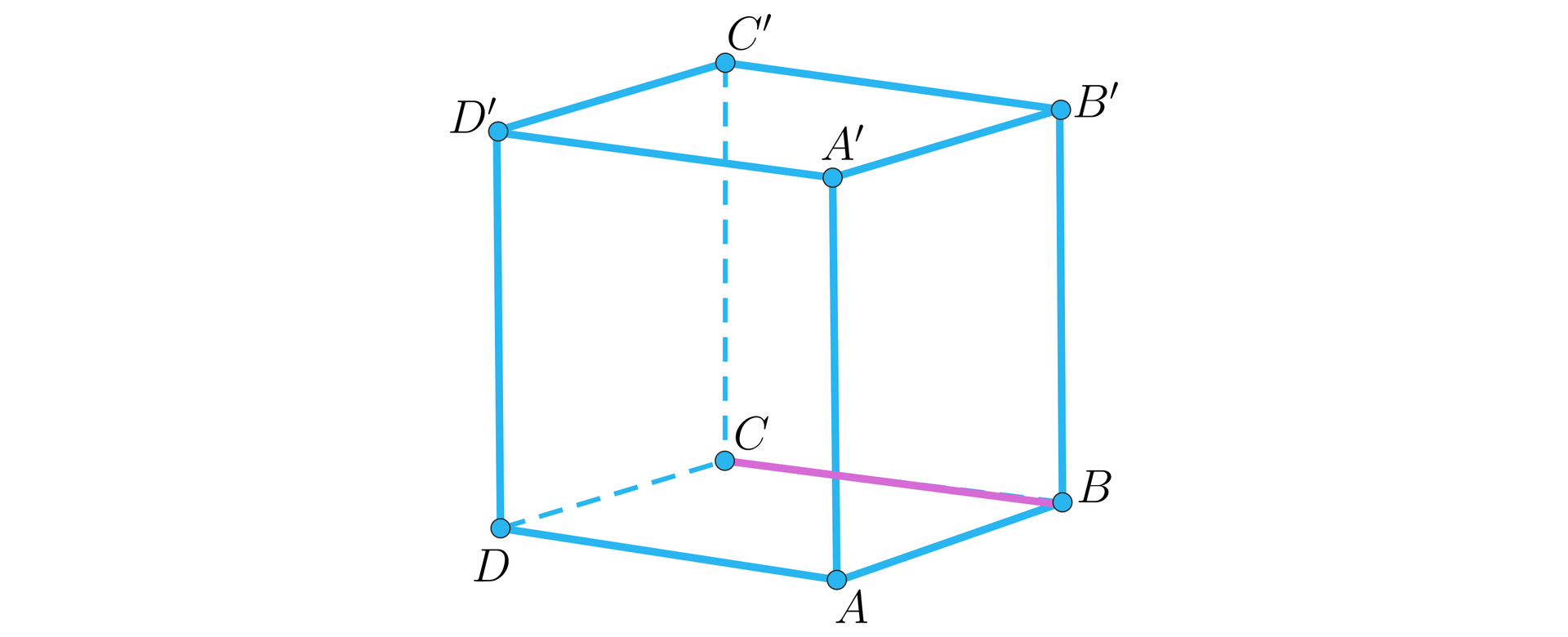 Grafika przedstawia sześcian. Podstawę dolną oznaczono A B C D, natomiast górną A prim, B prim, C prim, D prim. Odpowiednio nad wierzchołkiem A znajduje się wierzchołek A prim, nad wierzchołkiem B wierzchołek B prim i tak dalej. Zaznaczono odcinek łączący wierzchołek B i C.