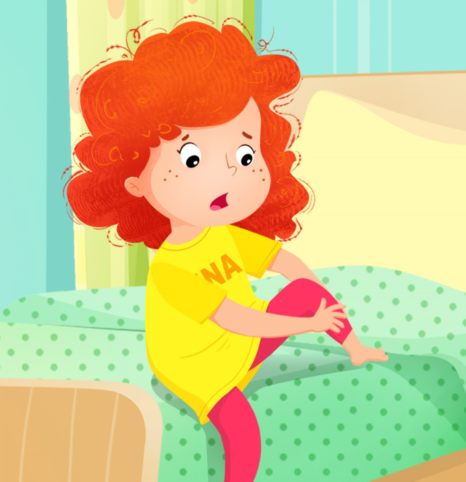 Ilustracja przedstawia Linę. Dziewczynka trzyma się za nogę.