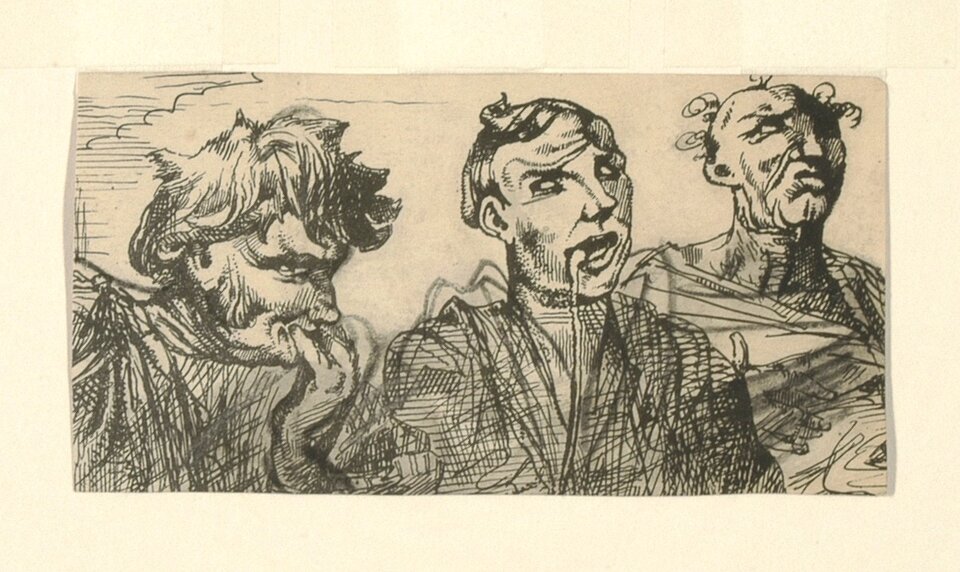 Rysunek przedstawiający trzech mężczyzn. Ich twarze są nienaturalnie powykrzywiane, asymetryczne, zdeformowane.