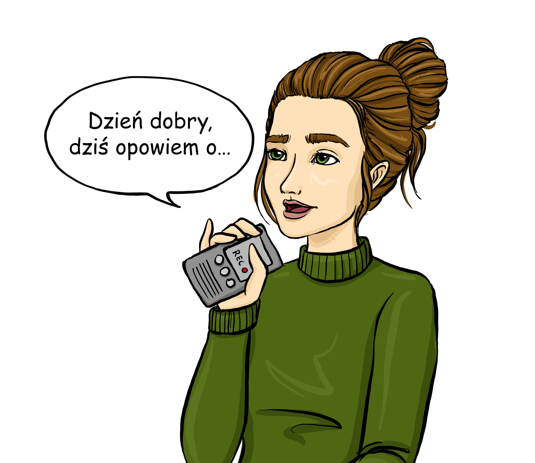 Ilustracja przedstawia młodą kobietę trzymającą w dłoni dyktafon i mówiącą: Dzień dobry, dziś opowiem o wielokropek.