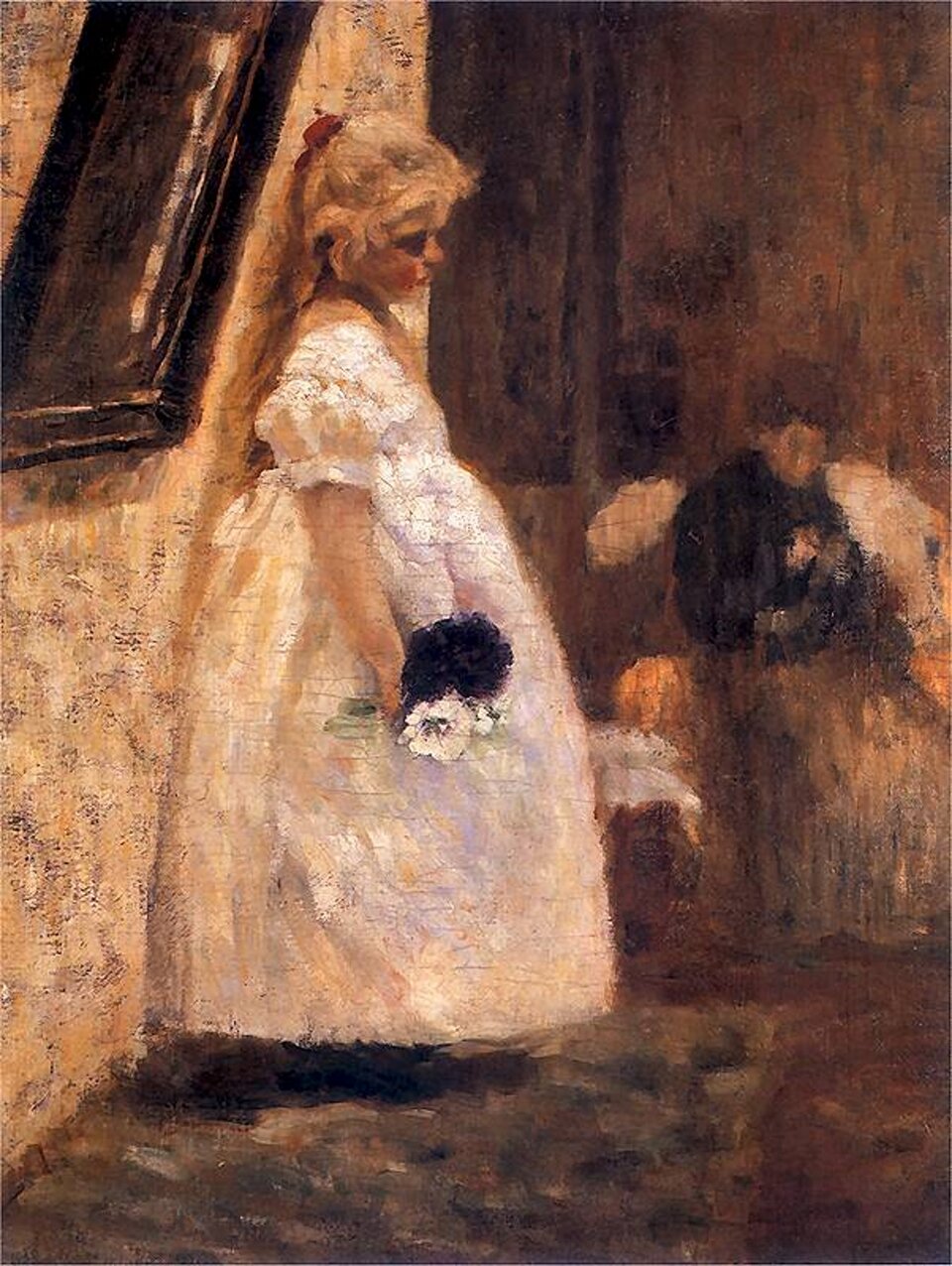 Ilustracja o kształcie pionowego prostokąta przedstawia obraz Olgi Boznańskiej „Imieniny babuni”.  Ukazuje małą dziewczynkę o długich blond włosach z wpiętą czerwoną kokardą. Ma na sobie długą, białą sukienkę. W dłoni trzyma mały bukiet z biało‑granatowych kwiatów. Dziewczynka ustawiona jest bokiem do widza. Z jej prawej strony, na ścianie wisi obraz.    W tle w fotelu siedzi starsza kobieta w ciemnej bluzce i jasnej spódnicy.  Sylwetka postaci jest mniej wyraźna. W obrazie dominuj ą brązy i ugry oraz pożółkłe, stonowane  biele. 