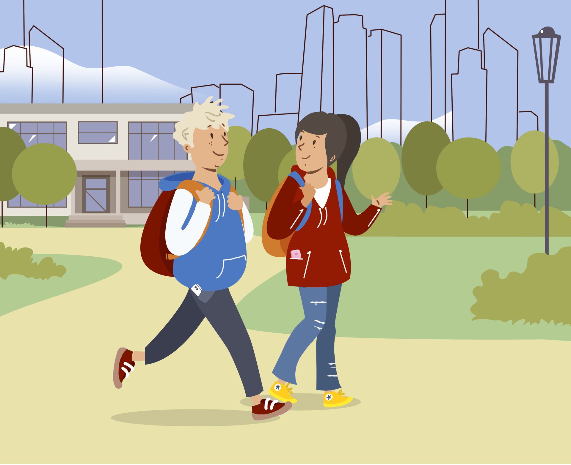 Ilustracja przedstawia dwoje dzieci idących do szkoły: chłopca i dziewczynkę. Oboje niosą na ramionach plecaki. Nagranie dźwiękowe dostępne poniżej.