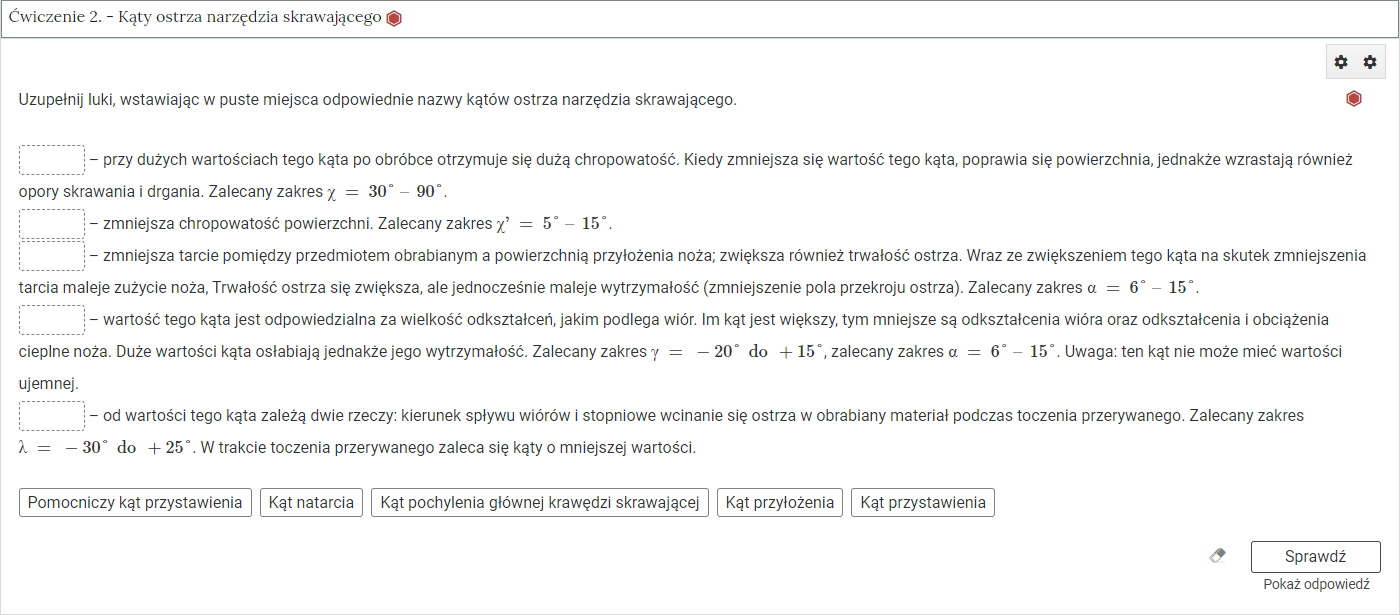 Rozwinięta zakładka interaktywnych materiałów sprawdzających z zadaniem typu "uzupełnij luki".