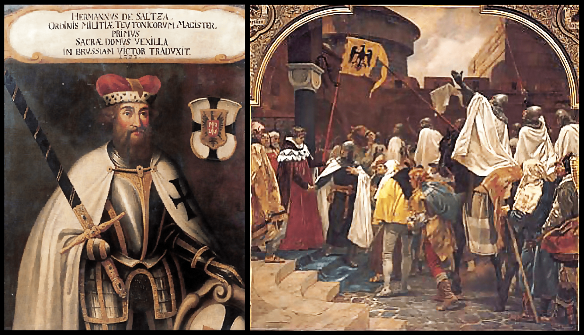 Na ilustracji po lewej stronie jest obraz przedstawiający wielkiego mistrza Hermanna von Salzę [czyt.: fon zalcę] w stroju reprezentacyjnym charakterystycznym dla XVII wieku. Ubrany jest w zbroję oraz narzucony na ramiona płaszcz z czarnym krzyżem. Na głowie nosi kapelusz elektorski. W prawej dłoni trzyma miecz w pochwie ozdobionej klejnotami, lewą ręką podtrzymuje tarczę z herbem Prus. Tarcza herbowa znajduje się również po prawej stronie obrazu i zawiera symbol księstwa pruskiego oraz osobiste godło Hermanna von Salzy. Nad głową znajduje się tarcza informacyjna z napisem w języku łacińskim. Po prawej stronie widoczny jest obraz Petera Janssena ukazujący moment potwierdzenia suwerennych praw Krzyżaków do ziem zdobywanych w Prusach. Wśród zebranych osób, po lewej stronie obrazu, na schodach, jest cesarz Fryderyk II, który ściska dłoń wielkiego mistrza Hermanna von Salzy. Zebrany tłum rycerzy zakonnych i niemieckich osadników wiwatuje na rzecz cesarza. Wszyscy znajdują się przed murem obronnym, w tle widoczne są zabudowania zamku.