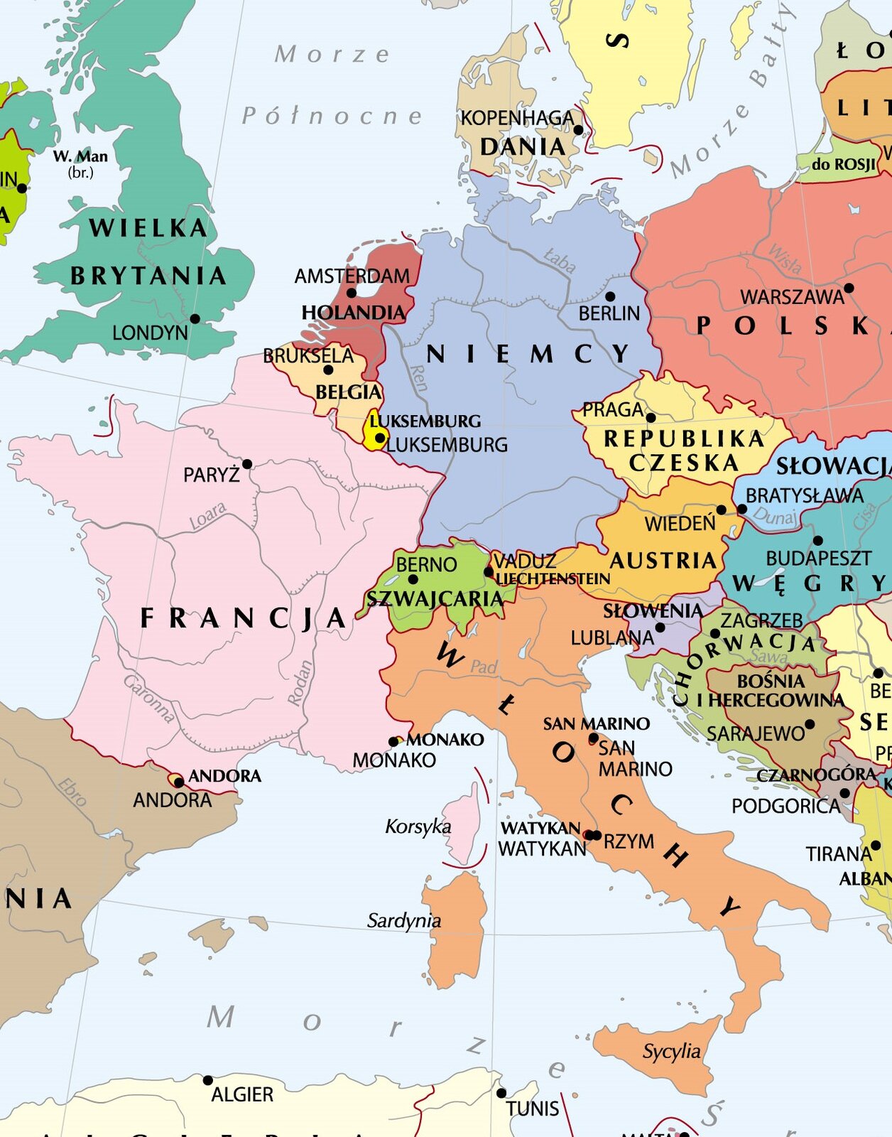 Mapa przedstawiająca współczesny polityczny podział Europy Zachodniej i Środkowej. Państwa: Wielka Brytania, Francja, Hiszpania, Belgia, Holandia, Niemcy, Szwajcaria, Austria, Włochy, Słowenia, Chorwacja, Bośnia i Hercegowina, Czarnogóra, Węgry, Słowacja, Republika Czeska, Polska, obwód kaliningradzki, Dania, Andora, Monako, San Marino, Liechtenstein, Luksemburg. 