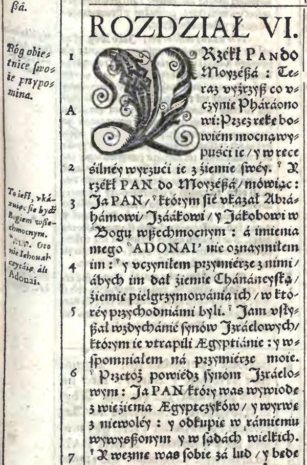 Zdjęcie przedstawia fragment karty z Biblii. Na górze znajduje się napis Rozdział VI, a w górnym, lewym rogu ozdobny kształt.