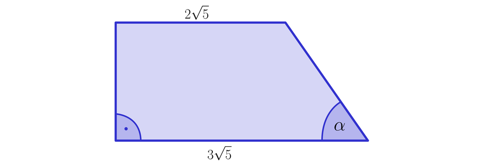 Ilustracja przedstawia trapez prostokątny, przy czym prawe ramię nachylone jest do dolnej podstawy pod ostrym kątem alfa. Górna podstawa ma długość dwa pierwiastek kwadratowy z pięć koniec pierwiastka, a dolna trzy pierwiastek kwadratowy z pięć koniec pierwiastka. 