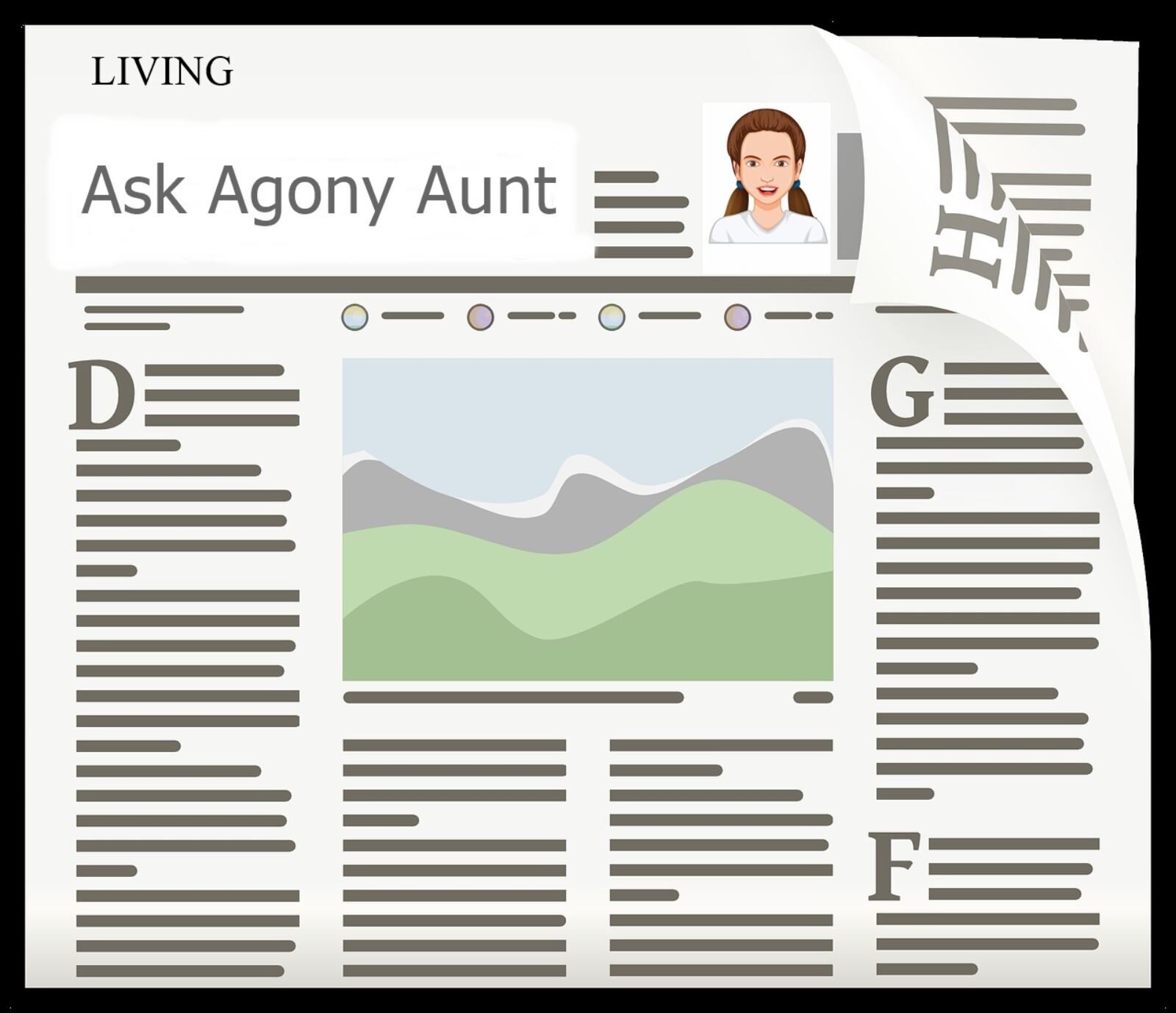 Grafika przedstawia stronę z gazety. U góry widoczny jest napis w języku angielskim: LIVING, poniżej którego widoczny jest napis w języku angielskim: Ask Agony Aunt. Na prawo widoczne jest zdjęcie twarzy kobiety. Poniżej widoczne są poziome linie imitujące tekst, z dużymi literami na początku każdego akapitu. Pośrodku widoczne jest miejsce imitujące grafikę ilustrującą tekst.