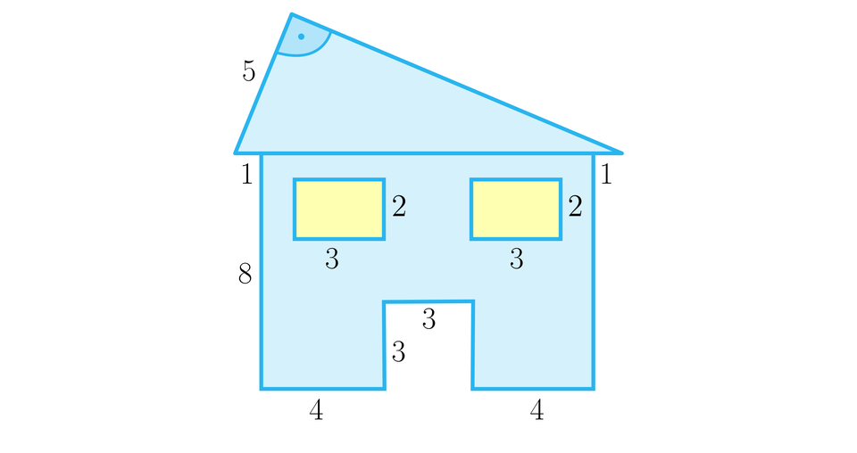 Ilustracja przedstawia figurę przypominającą domek. Dach domu składa się z trójkąta prostokątnego w który, przyprostokątna ma długość pięć, natomiast przeciwprostokątna ma długość trzynaście. Pod dachem znajduje się prostokąt o wymiarach osiem na jedenaście. Wewnątrz prostokąta wycięte zostały dwa okna o wymiarach dwa na trzy oraz jeden drzwi będące kwadratem o boku równym trzy. 