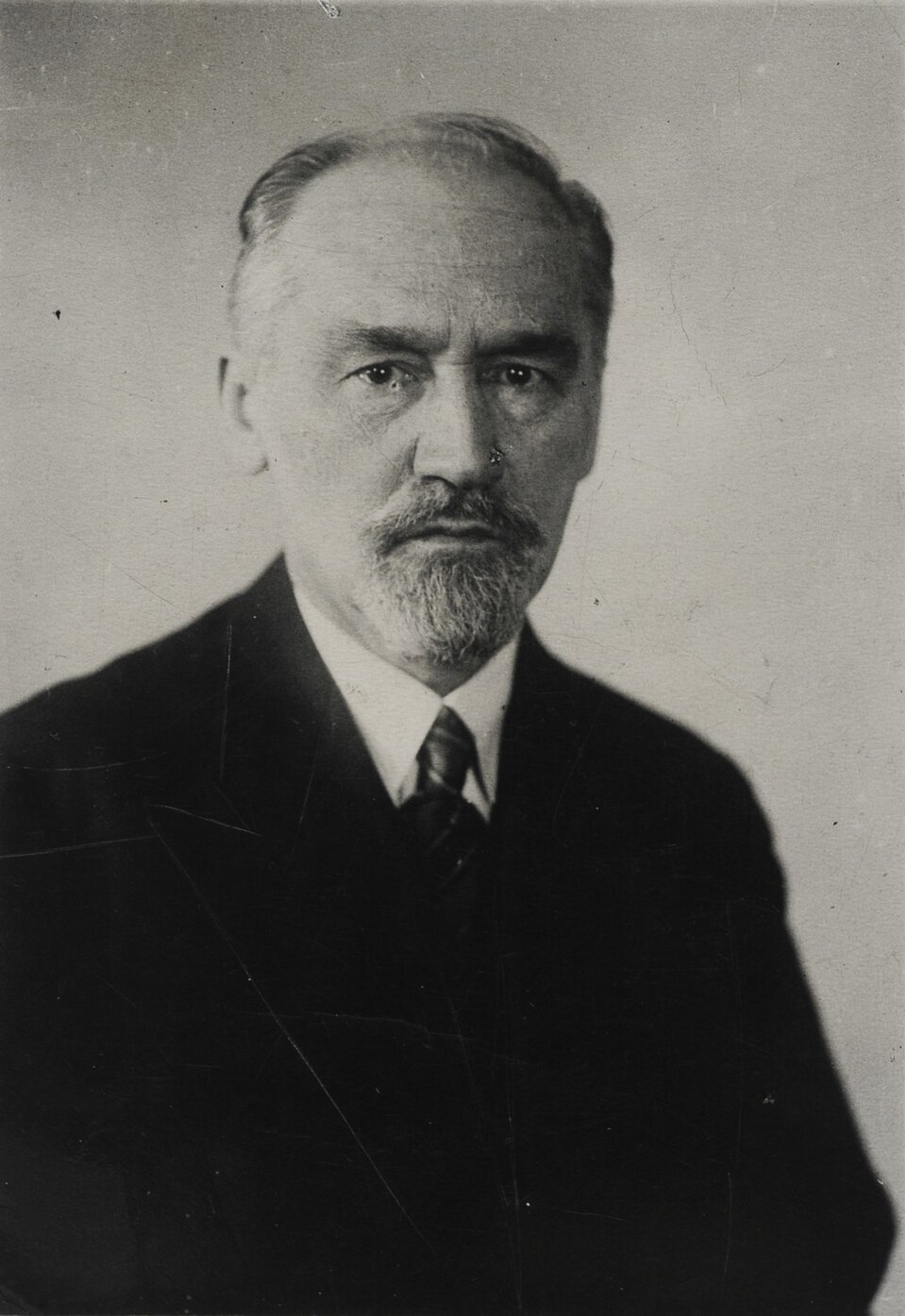 Zdjęcie przedstawia popiersie starszego mężczyzny, lekko łysiejącego. Na twarzy ma zarost, tzw. kozią bródkę (styl zarostu obejmujący włosy na brodzie mężczyzny, ale nie na policzkach). Ubrany jest w ciemny garnitur i jasną koszulę z przewiązanym wokół kołnierzyka krawatem.