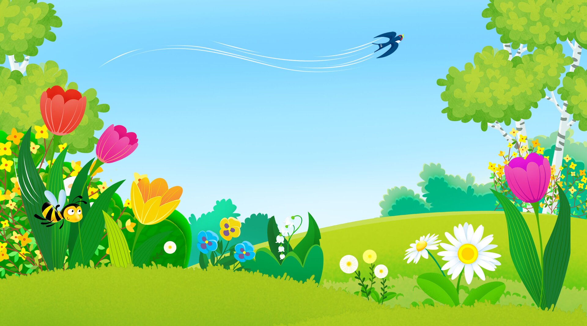 Na ilustracji znajduje się kwiecista łąka, nad którą latają jaskółka i pszczoła. 
