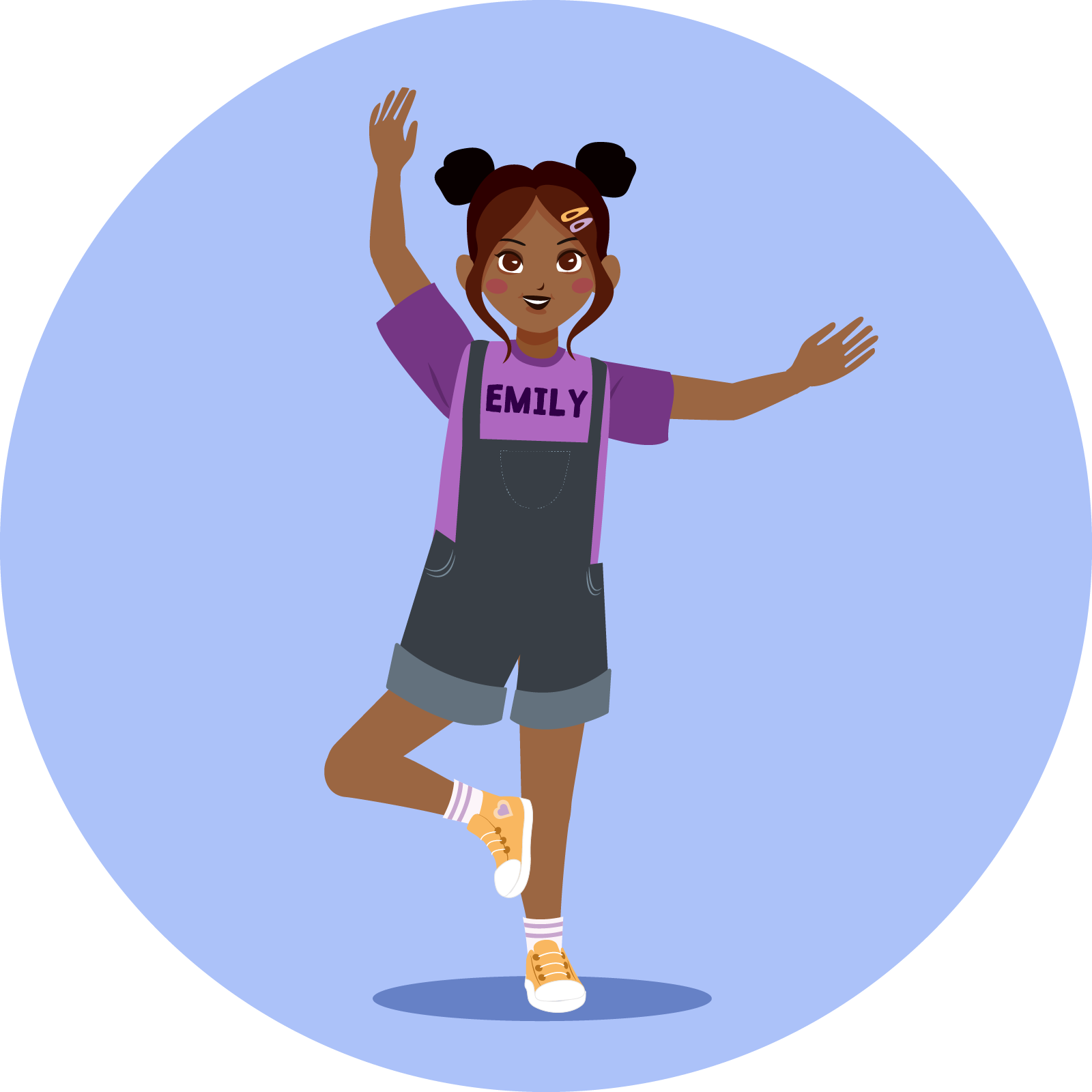 Ilustracja przedstawia dziewczynkę o imieniu  Emily , która stoi na jednej nodze i podnosi ręce. Ubrana jest w fioletową koszulkę i spodnie ogrodniczki o krótkich nogawkach.
