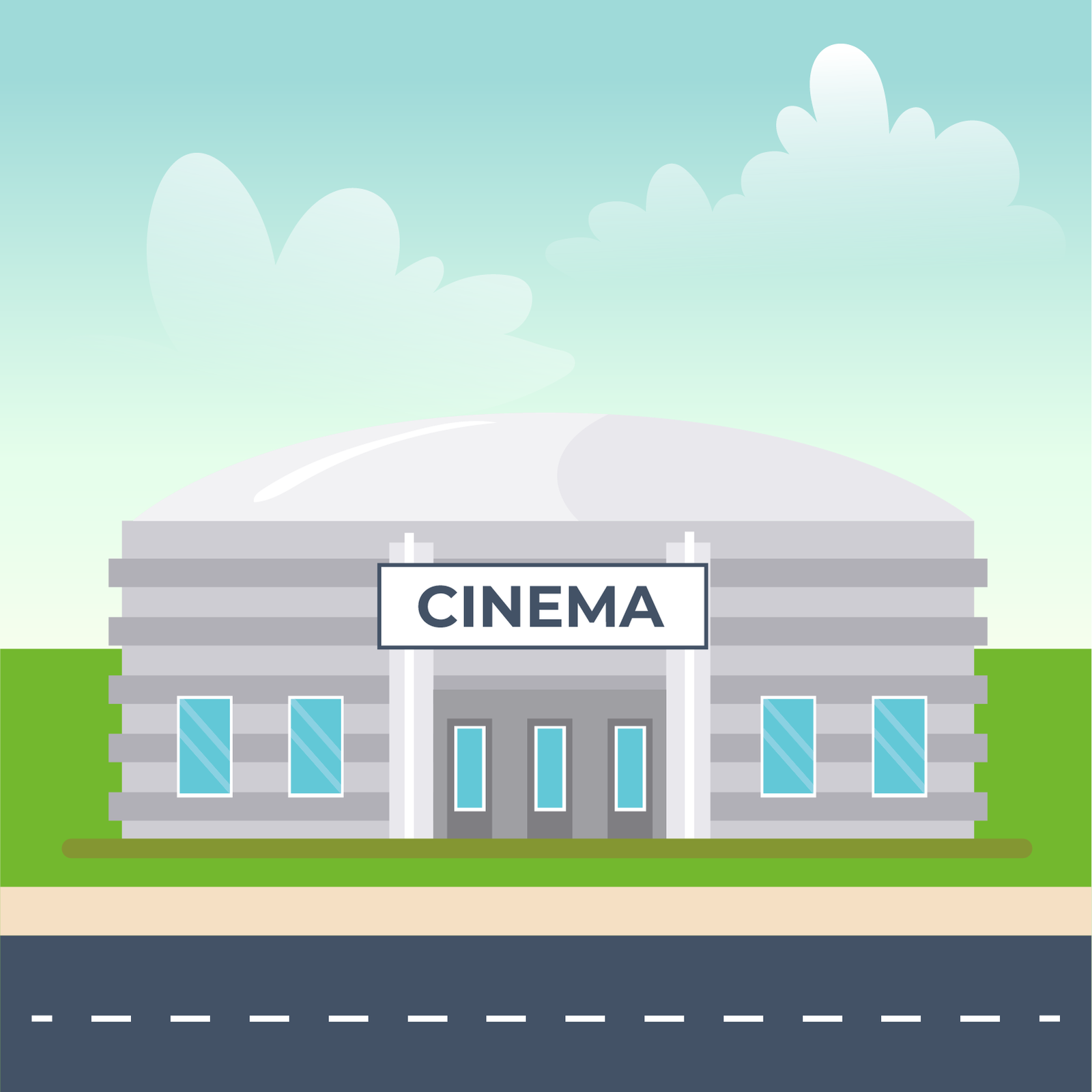Ilustracja przedstawia budynek kina, który ma zaokrąglony dach. Znajduje się na nim napis Cinema. Przed budynkiem biegnie droga asfaltowa.