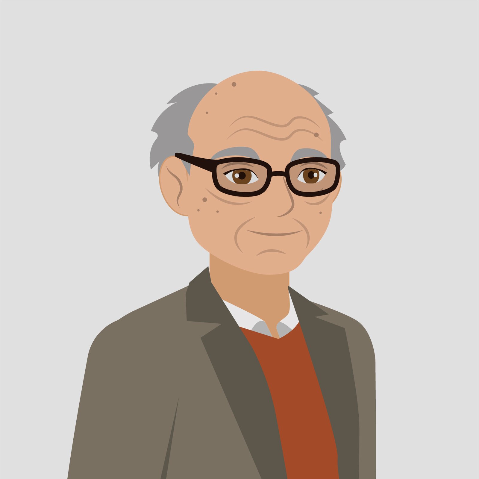 Ilustracja przedstawia starszego mężczyznę w okularach, koszuli z kołnierzykiem, swetrze i marynarce.