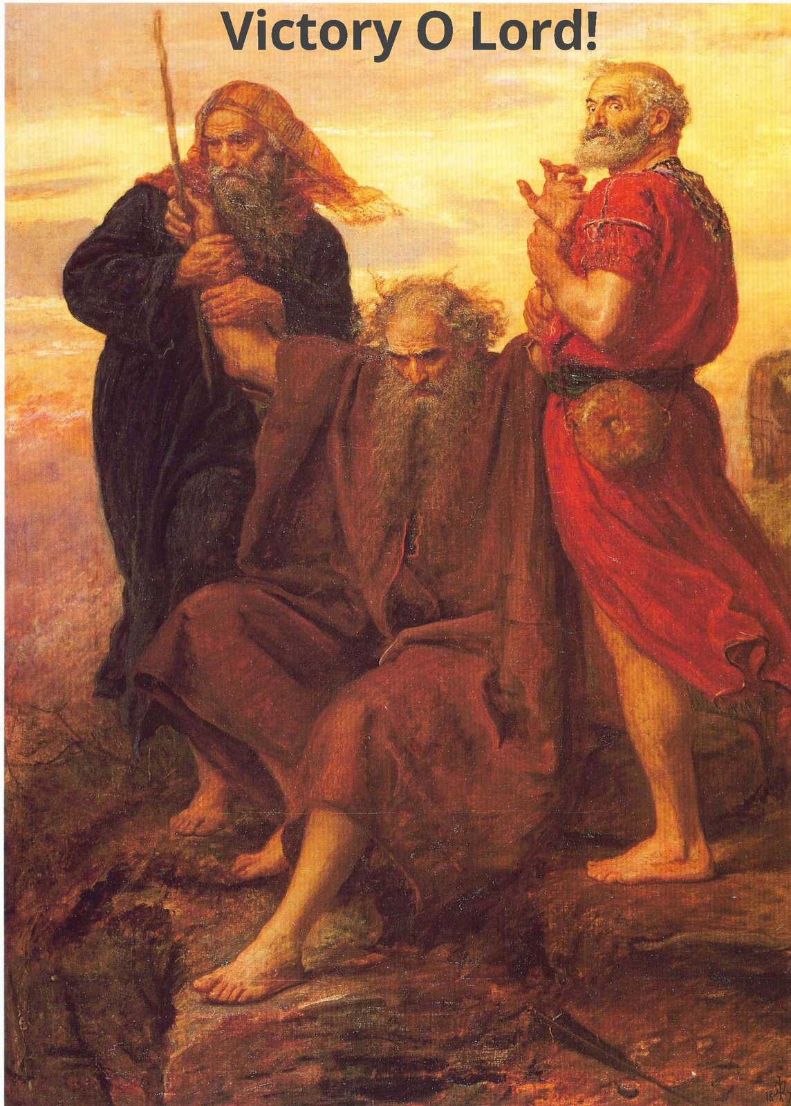 Obraz przedstawia trzech starszych mężczyzny znajdujących się na wzgórzu. Jeden z mężczyzn siedzi. Dwóch pozostałych mężczyzn podtrzymuje go za ręce.