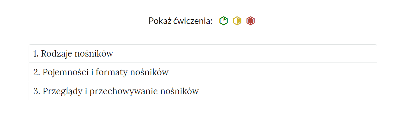 Widok na zakładki z pogrupowanymi ćwiczeniami