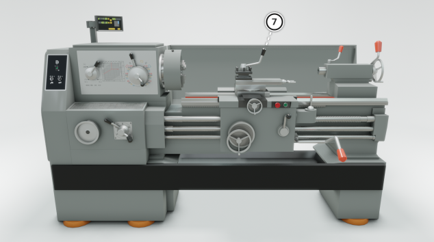 Ilustracja przedstawia tokarkę z zaznaczonym punktem numer siedem.