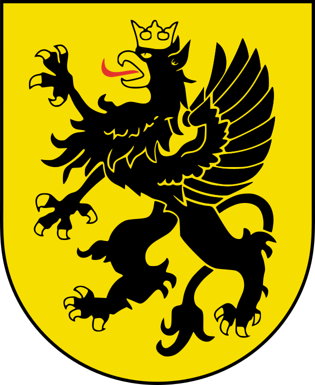 Grafika przedstawia herb Kaszub. Jest to podobizna czarnego gryfa w koronie na złotym tle. Gryf to mityczne zwierzę będące pół orłem, pół lwem.