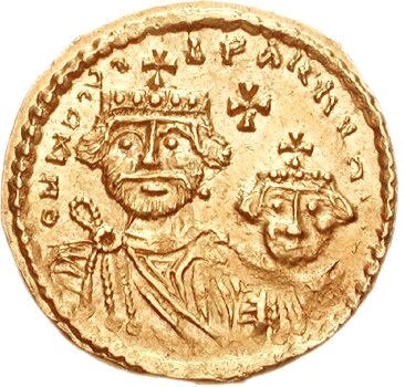 Ilustracja przedstawia przednią stronę monety — awers — na której uwidoczniony jest wizerunek władcy i jego syna. 