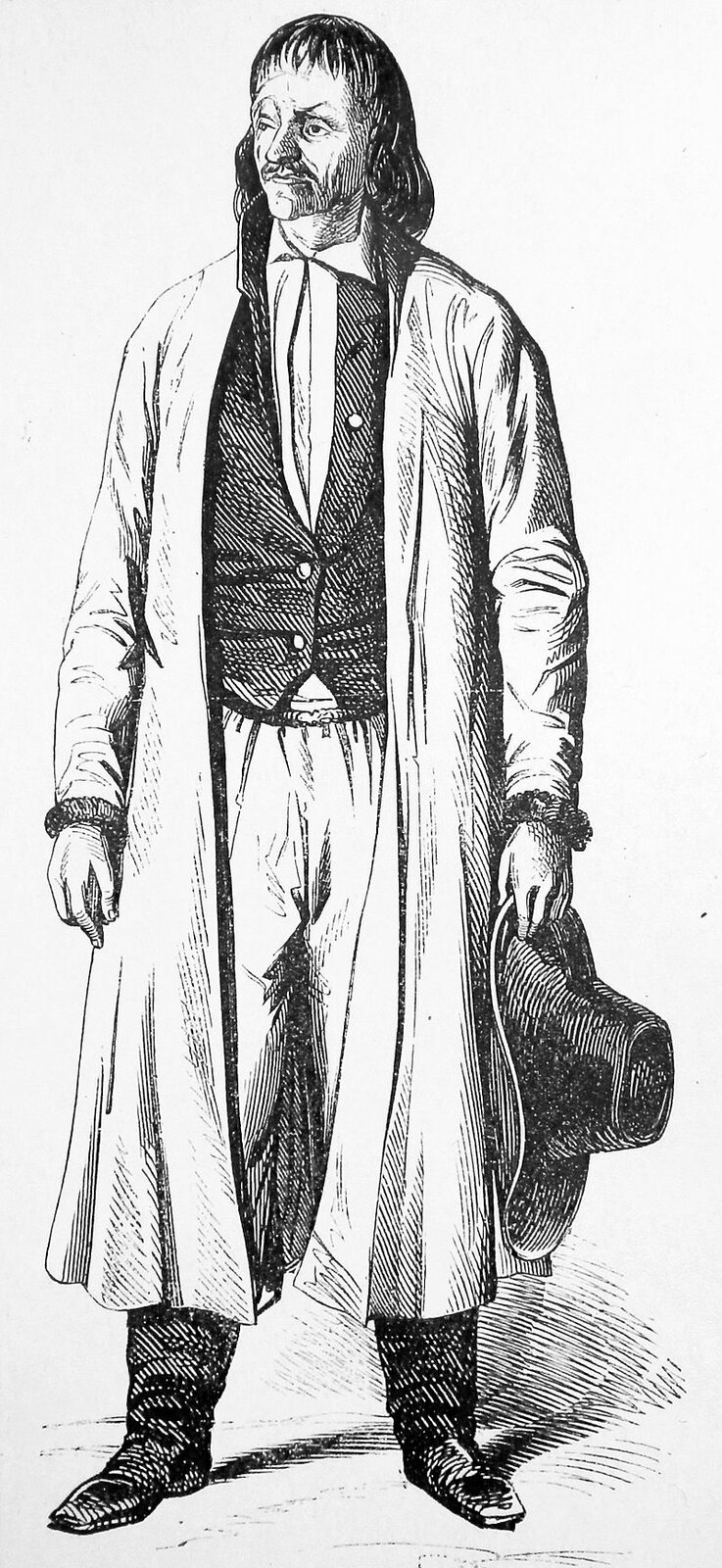 Rysunek przedstawia postać Jakuba Szeli. Ma włosy do ramion, grzywkę opadającą na czoło, nosi wąsy. Jedno oko jest przymknięte. Ubrany jest w długi płaszcz, zapiętą kamizelkę, białą koszulę. Ma bufiaste spodnie włożone do wysokich butów.  W ręce trzyma kapelusz. 