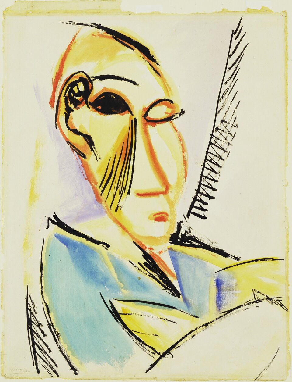 Ilustracja przedstawia obraz Pabla Picassa, głowę studenta medycyny, stanowiącego studium do „Panien z Awinionu". Głowa, elementy twarzy i fragment ciała zostały oddane kubistycznym rysunkiem. Malarz za pomocą barwnych linii wykreślił ich zarysy, wprowadzając płaskie plamy barwne. Twarz mężczyzny ma zdeformowany kształt owalu, oczy są wykrojone, jedno z nich zakreślone na czarno. 