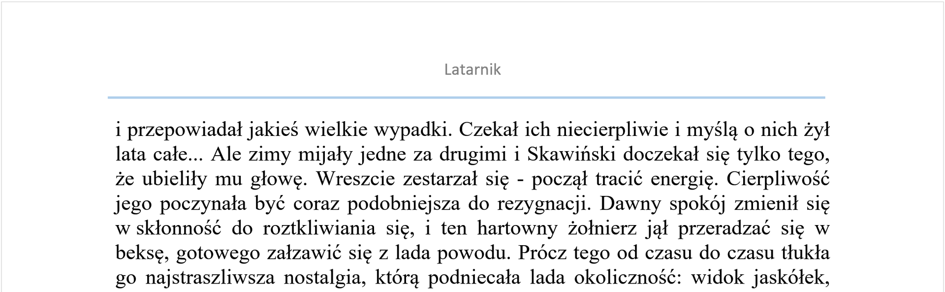 Zrzut ekranu skupia się na górnej stronie dokumentu, gdzie znajduje się nagłówek, a w nim autor Latarnika - Henryk Sienkiewicz.