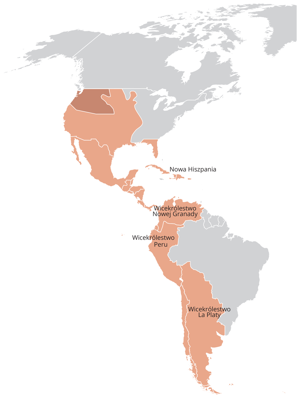 Mapa Ameryki Północnej, Środkowej i Południowej. Przedstawia kolonie hiszpańskie, które obejmują zachodnią i środkową część Ameryki Północnej, całą Amerykę Środkową oraz zachodnie i południowe tereny Ameryki Południowej.