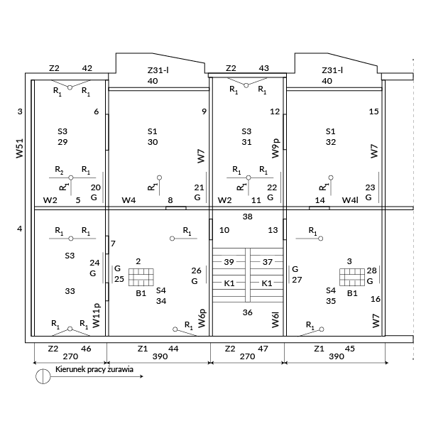 Grafika przedstawia przykładowy fragment rysunku zestawieniowego budynku z elementów wielkopłytowych. Na rysunku widoczne są ściany i klatka schodowa oraz oznaczenia literowe i cyfrowe. Oznaczony jest kierunek pracy żurawia.
