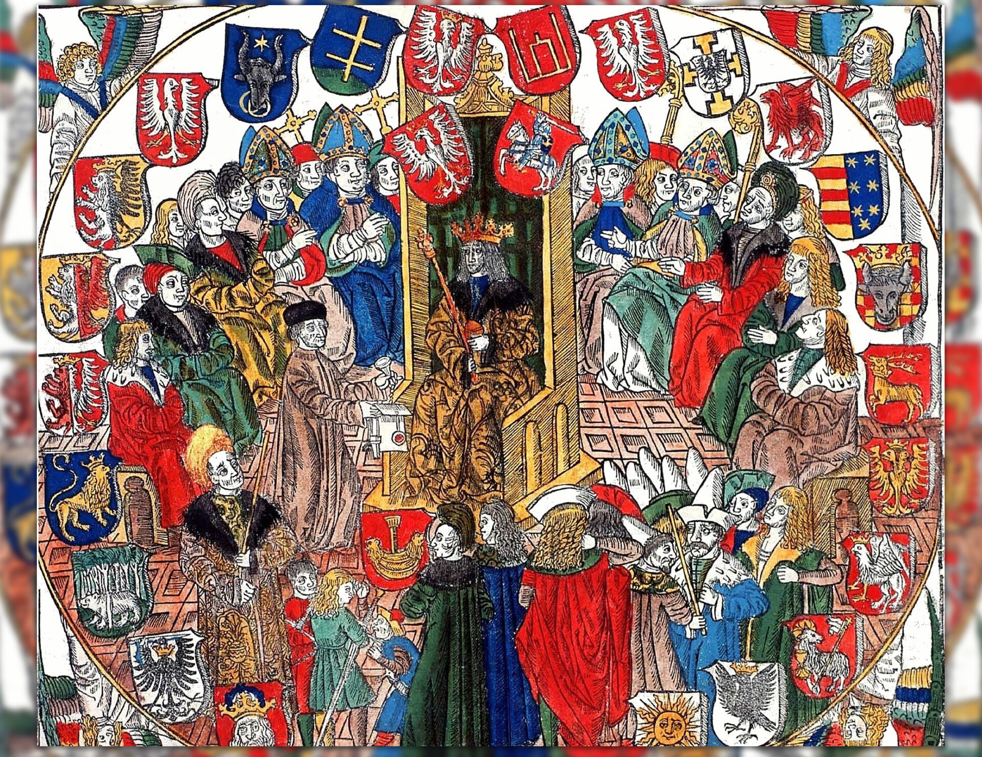 Ilustracja przedstawiająca sesję Senatu za panowania Aleksandra Jagiellończyka.